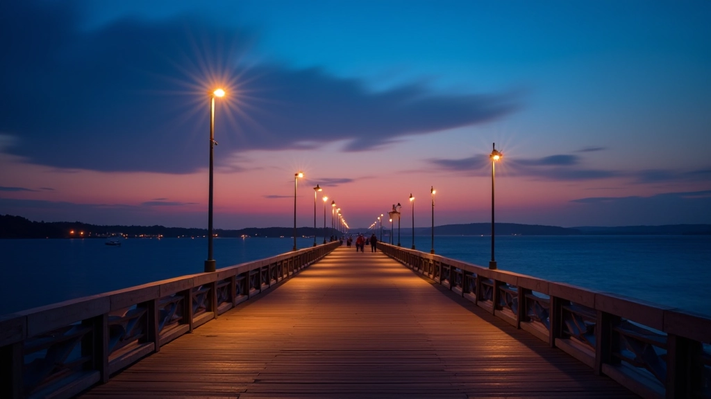 Vakarinis Promenados vaizdas su LED šviestuvais, jūra ir dangus aušinimo spalvose