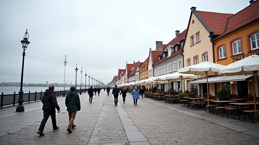 Danės krantinė su senais namais ir žuvų restoranais prie vandens