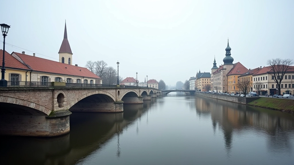 Tiltų aikštė su žemai nusileidžiančiu takų prie Danės upės, senieji Klaipėdos pastatai šviesioje dienoje