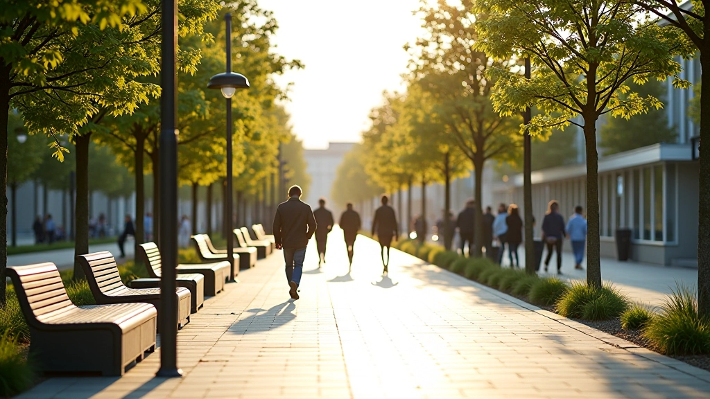 Šiaurinės Promenados pėsčiųjų takas su šiuolaikiniais suolais ir šviestuvais